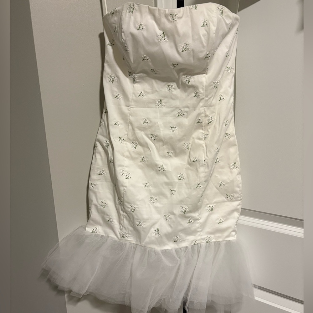 The Bar white embroidered dress with tulle hem